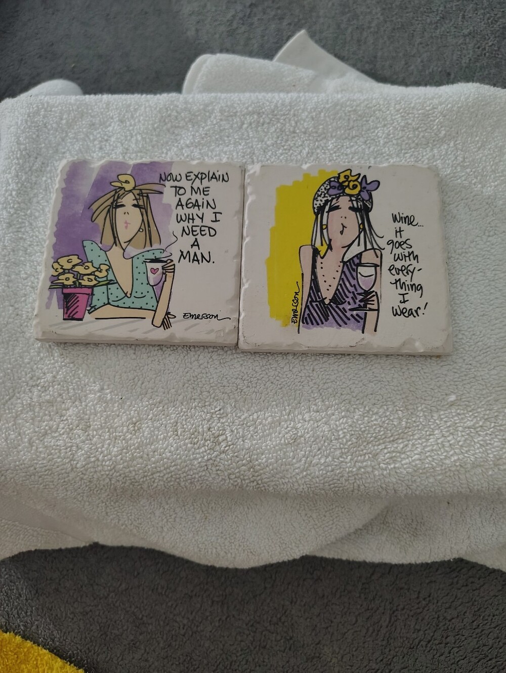 Decorative Ceramic Coasters  White with Purple & Yellow Accents